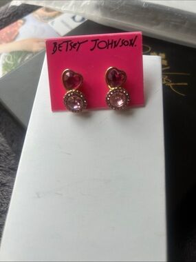 Betsey Johnson Gold-Tone Pink Heart & pink Crystal post earrings. Two pairs